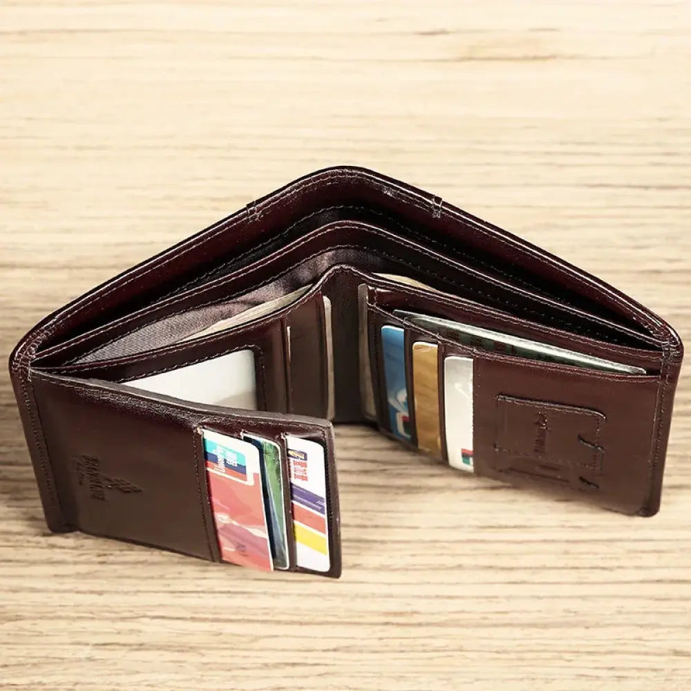 Men’s brown leather tri-fold wallet with multiple card slots and zippered compartment for organized storage