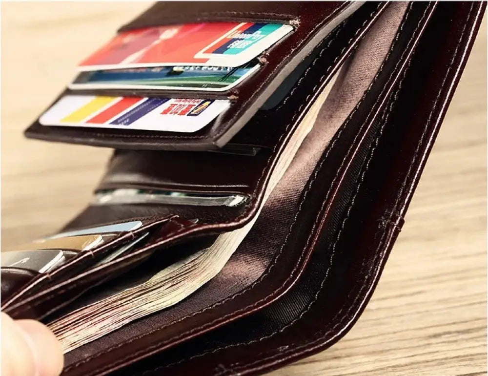 Men’s brown leather tri-fold wallet with multiple card slots and a stack of cash inside featuring an ID window