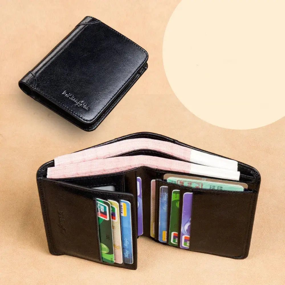 Black leather tri fold wallet with multiple card slots and pinkish interior lining for men with id window