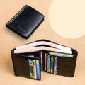 Black leather tri fold wallet with multiple card slots and pinkish interior lining for men with id window