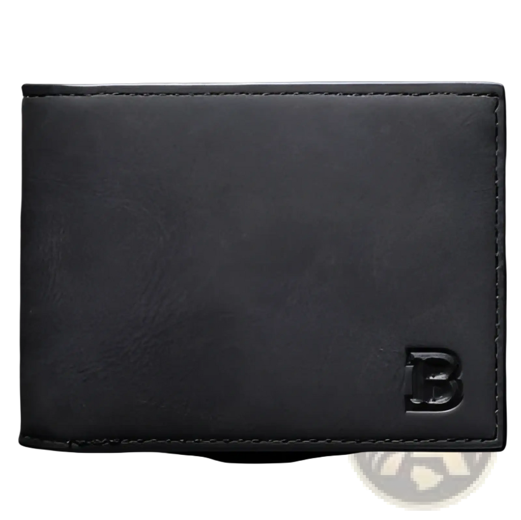 Black leather men’s wallet with embossed b logo on lower right corner and coin pocket visible in front view