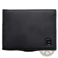 Black leather men’s wallet with embossed b logo on lower right corner and coin pocket visible in front view