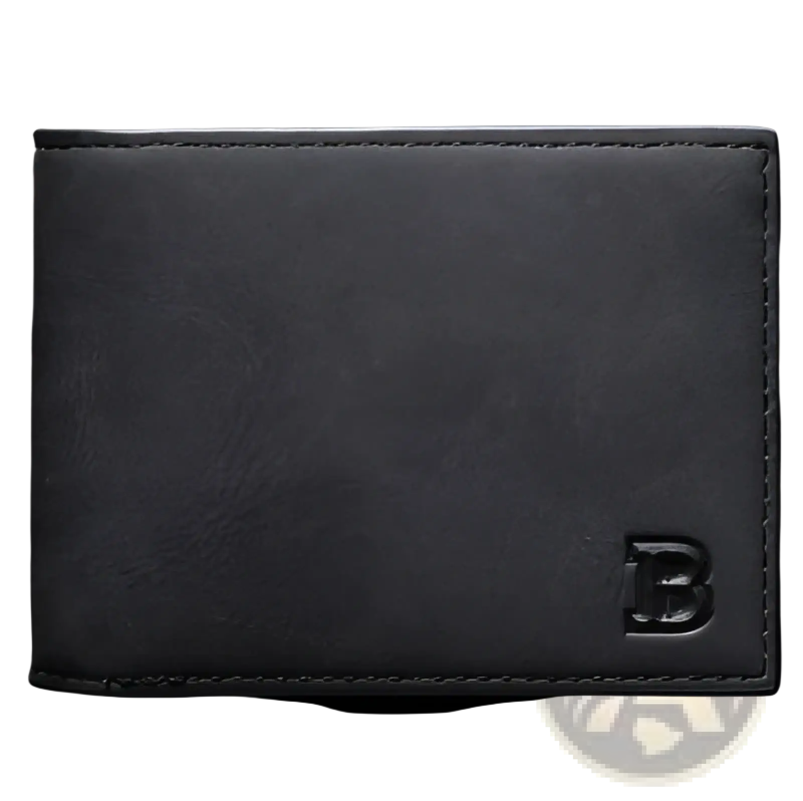 Black leather men’s wallet with embossed b logo on lower right corner and coin pocket visible in front view