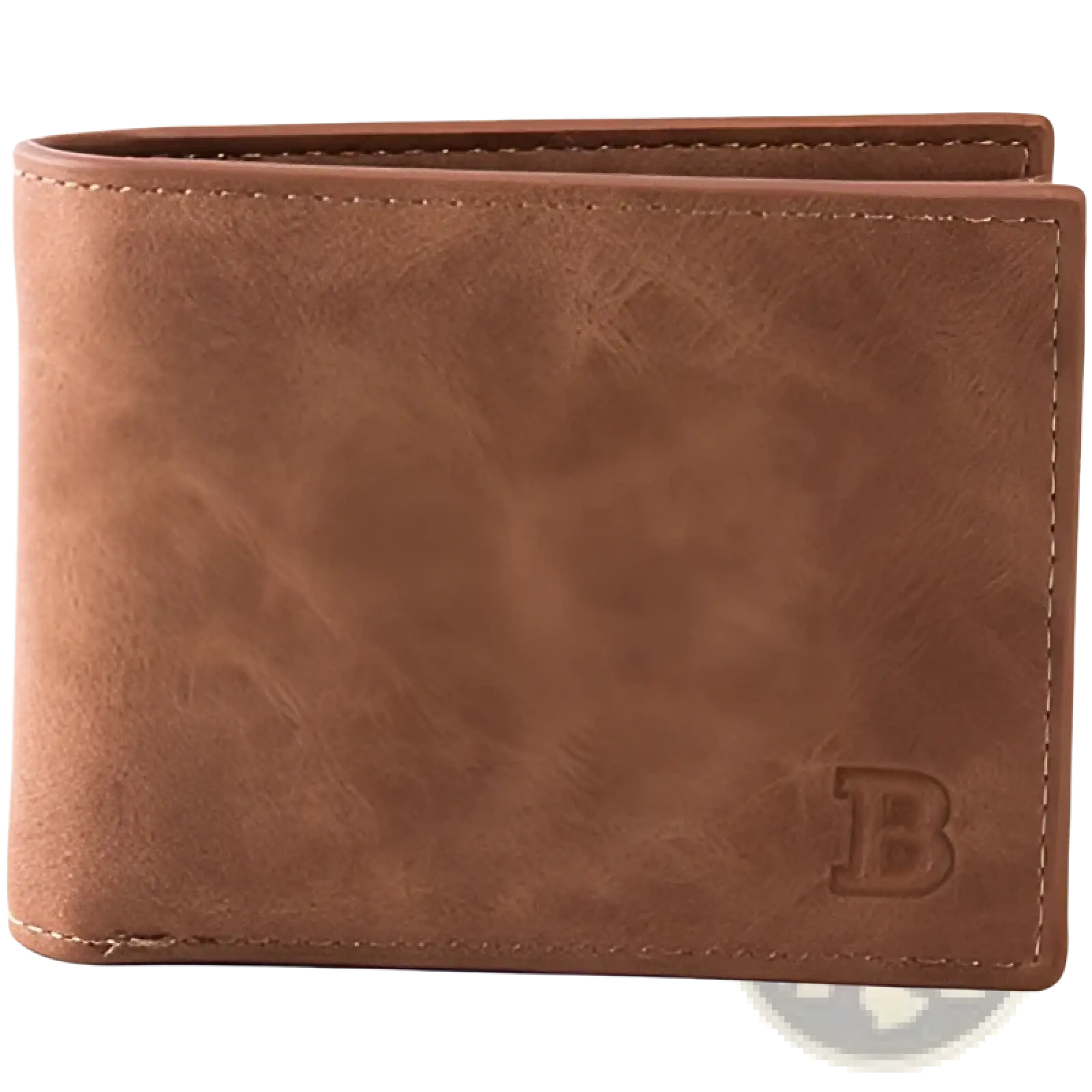 Men’s brown leather wallet with embossed b logo and subtle textured finish featuring a coin pocket