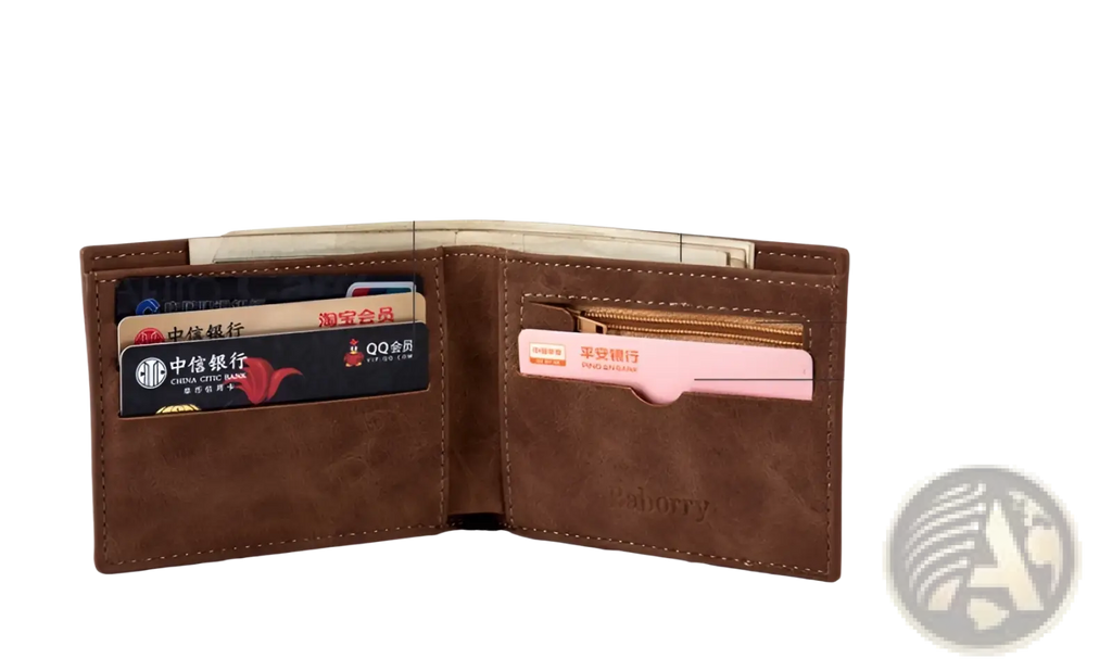 Men’s brown leather wallet with embossed logo featuring multiple card slots coin pocket and large bill compartment