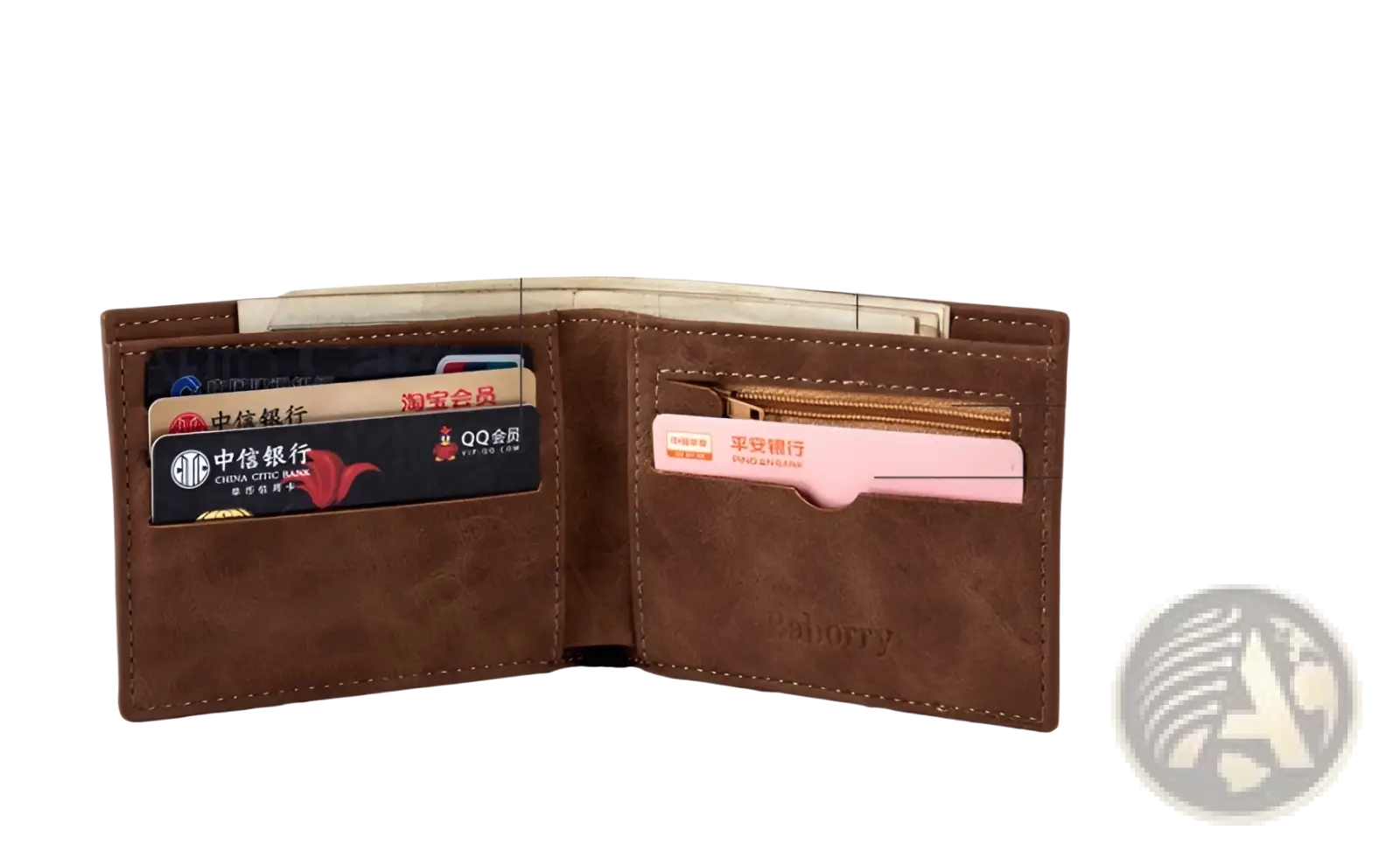 Men’s brown leather wallet with embossed logo featuring multiple card slots coin pocket and large bill compartment