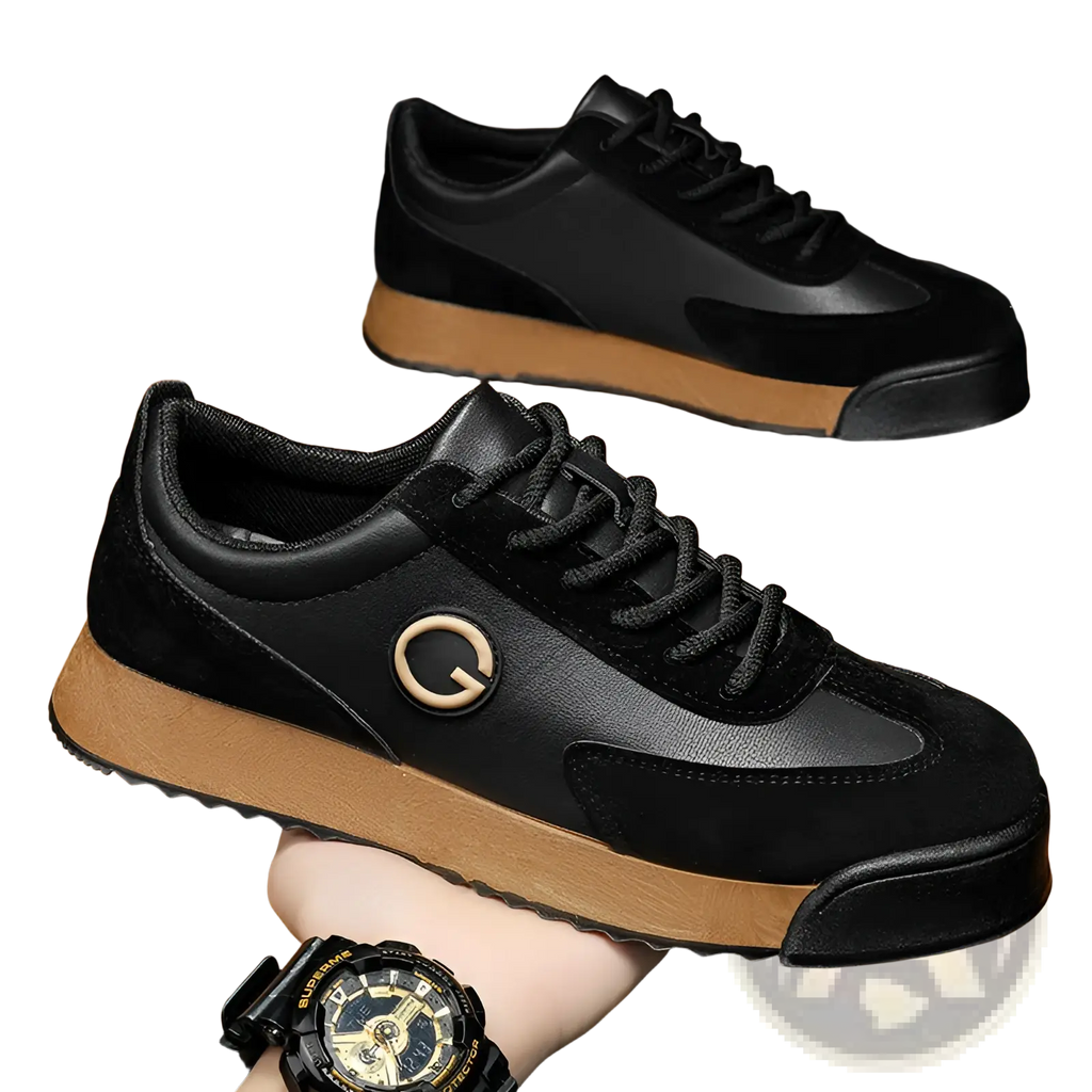 Men’s leather waterproof casual sneakers in black suede and leather with tan rubber sole and gold-tone circular logo