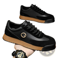 Men’s leather waterproof casual sneakers in black suede and leather with tan rubber sole and gold-tone circular logo