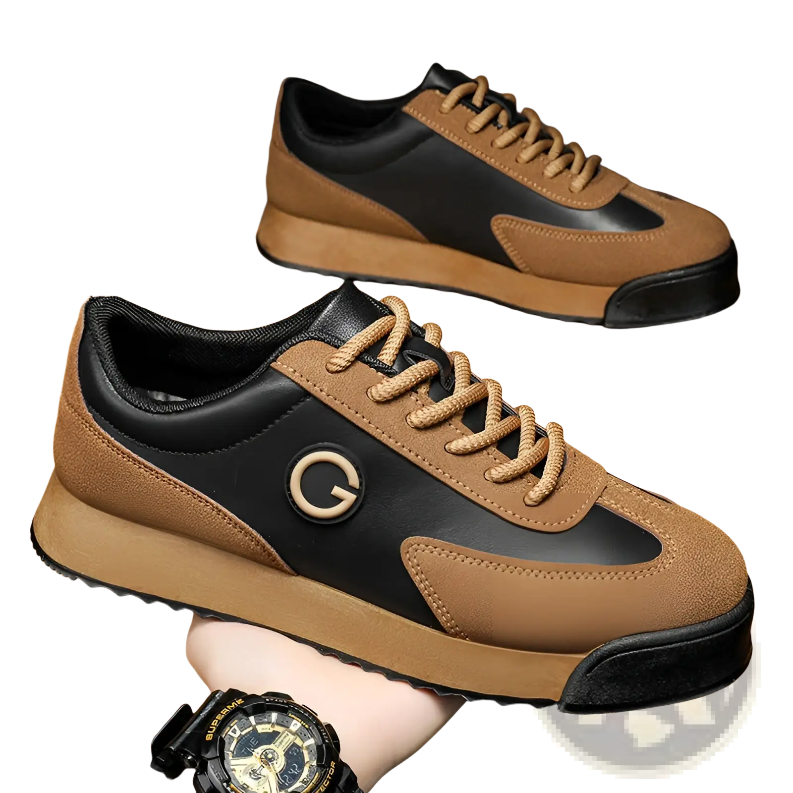 Men’s leather waterproof casual sneakers in brown and black suede and leather with a circular g logo on the side