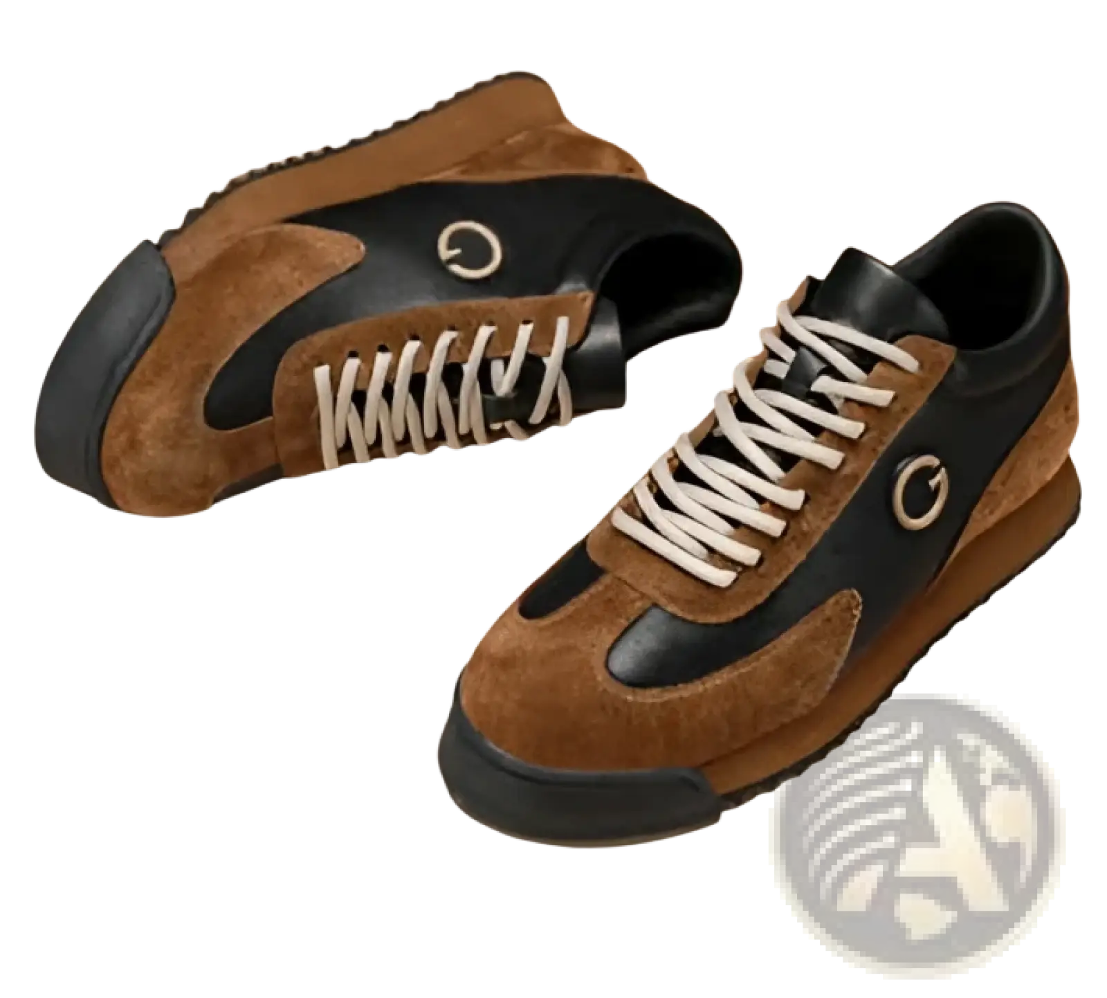 Men’s leather waterproof casual sneakers in brown and black suede with white laces and a circular side logo