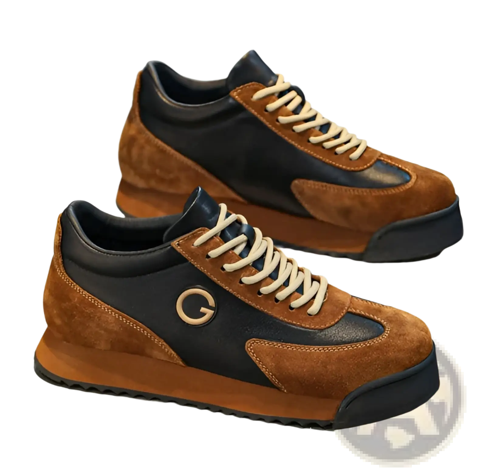 Men’s leather waterproof casual sneakers in brown and black suede with leather and gold g logo on the side