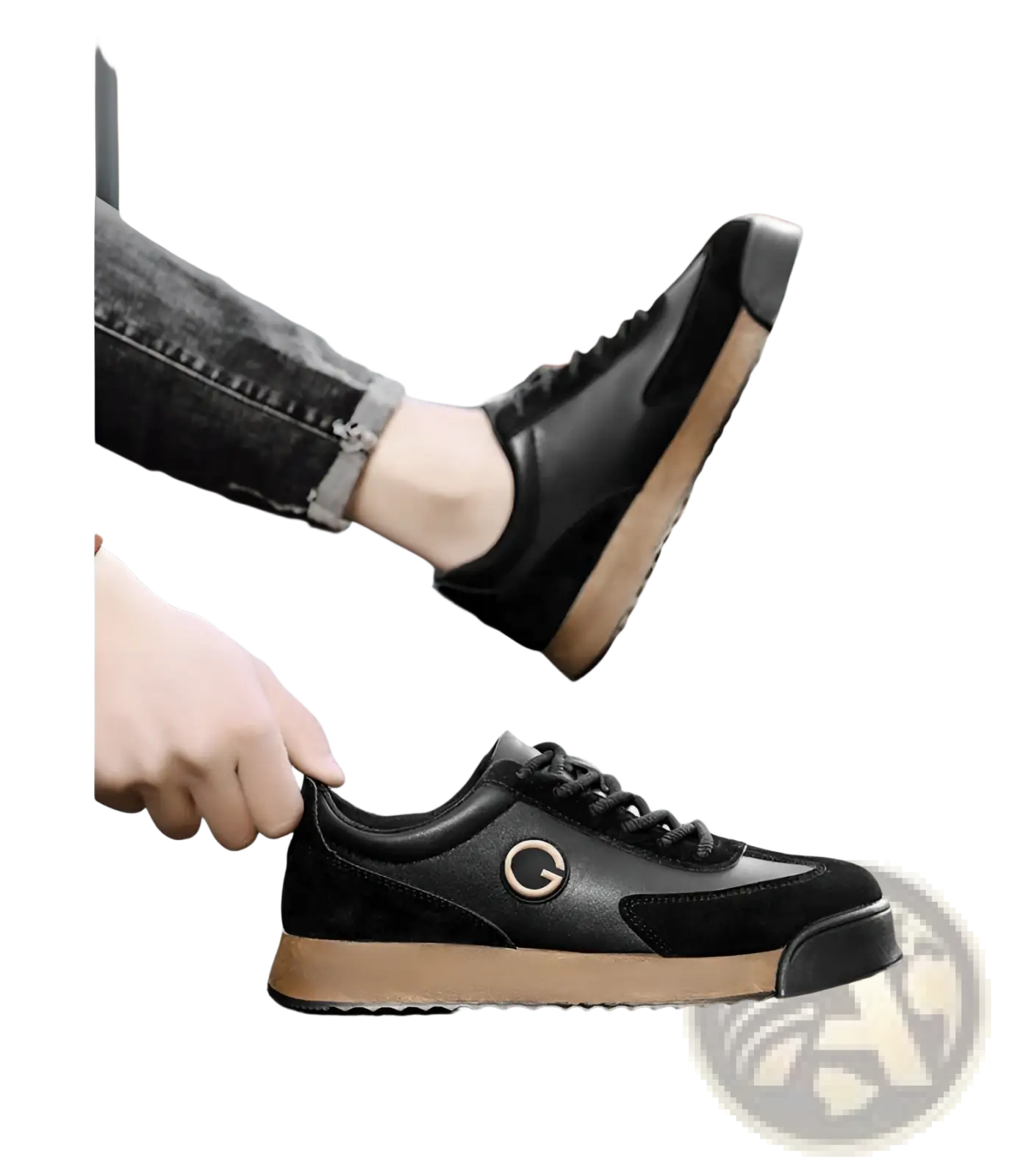 Men’s leather waterproof casual sneakers in black suede and leather with tan rubber sole and gold-tone circular logo