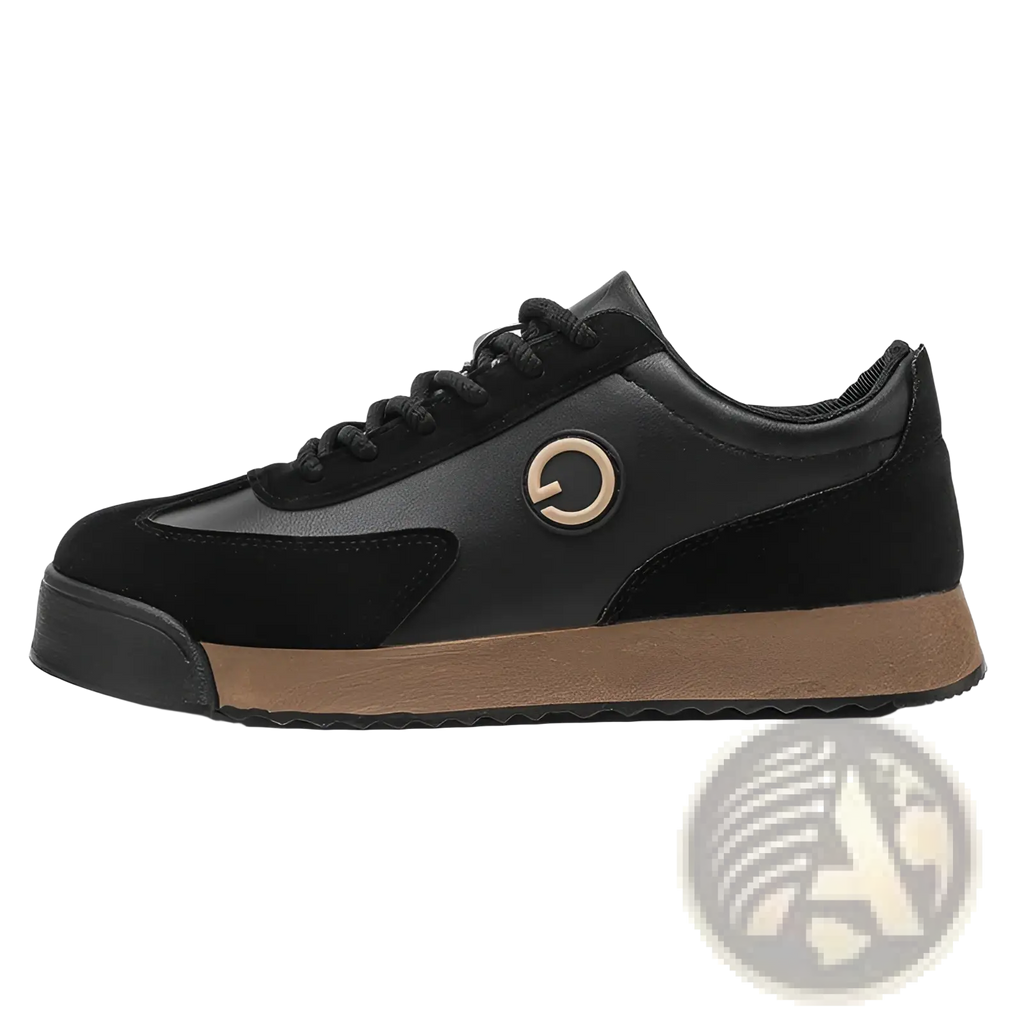 Men’s leather waterproof casual sneaker in black suede and leather with tan rubber sole and gold-tone logo on the side