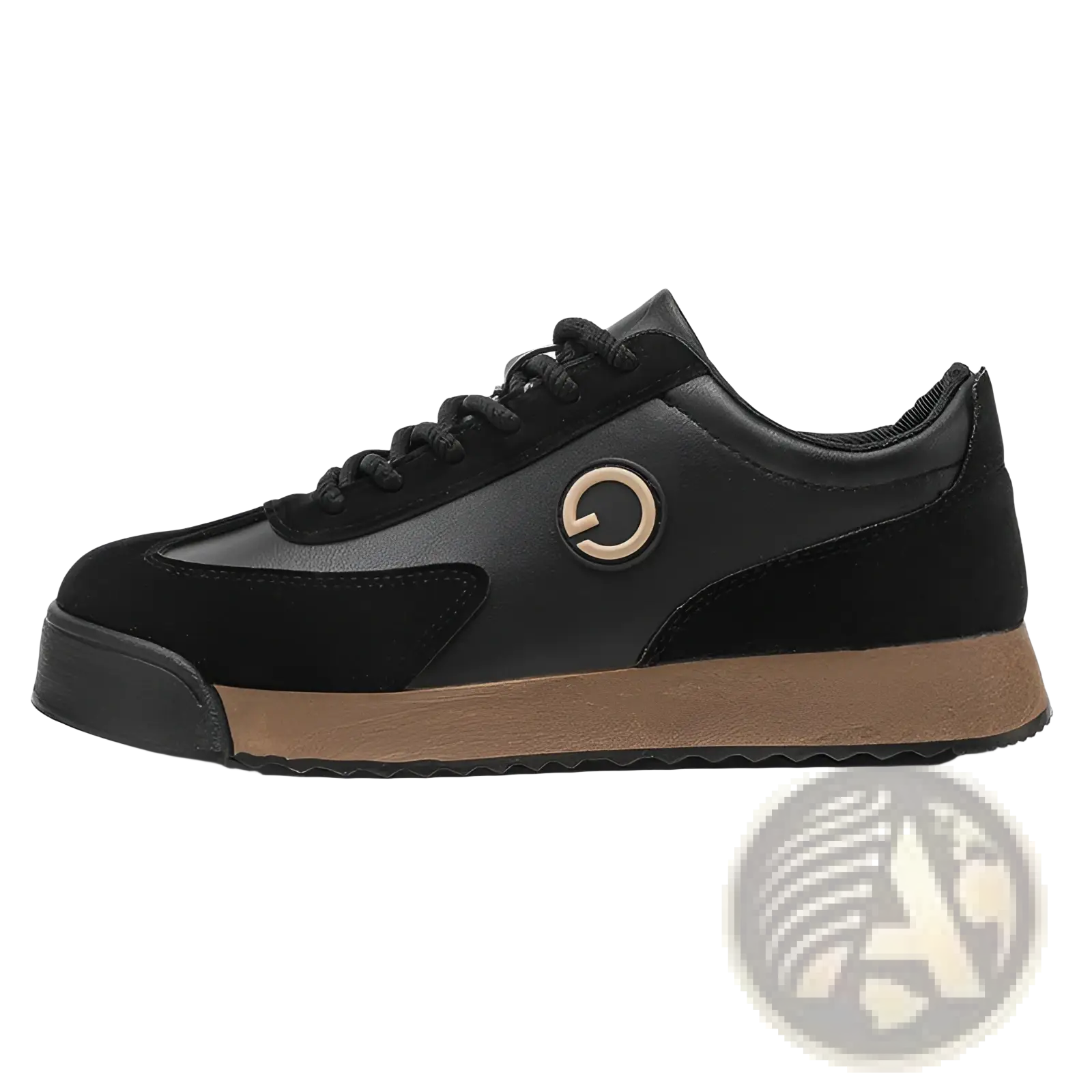 Men’s leather waterproof casual sneaker in black suede and leather with tan rubber sole and gold-tone logo on the side