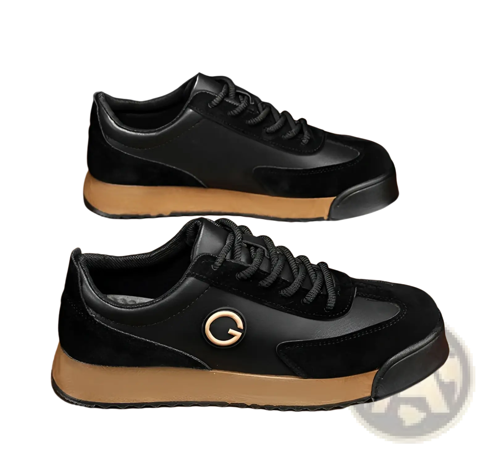Men’s leather waterproof casual sneakers in black suede and leather with a tan rubber sole and gold logo on the side