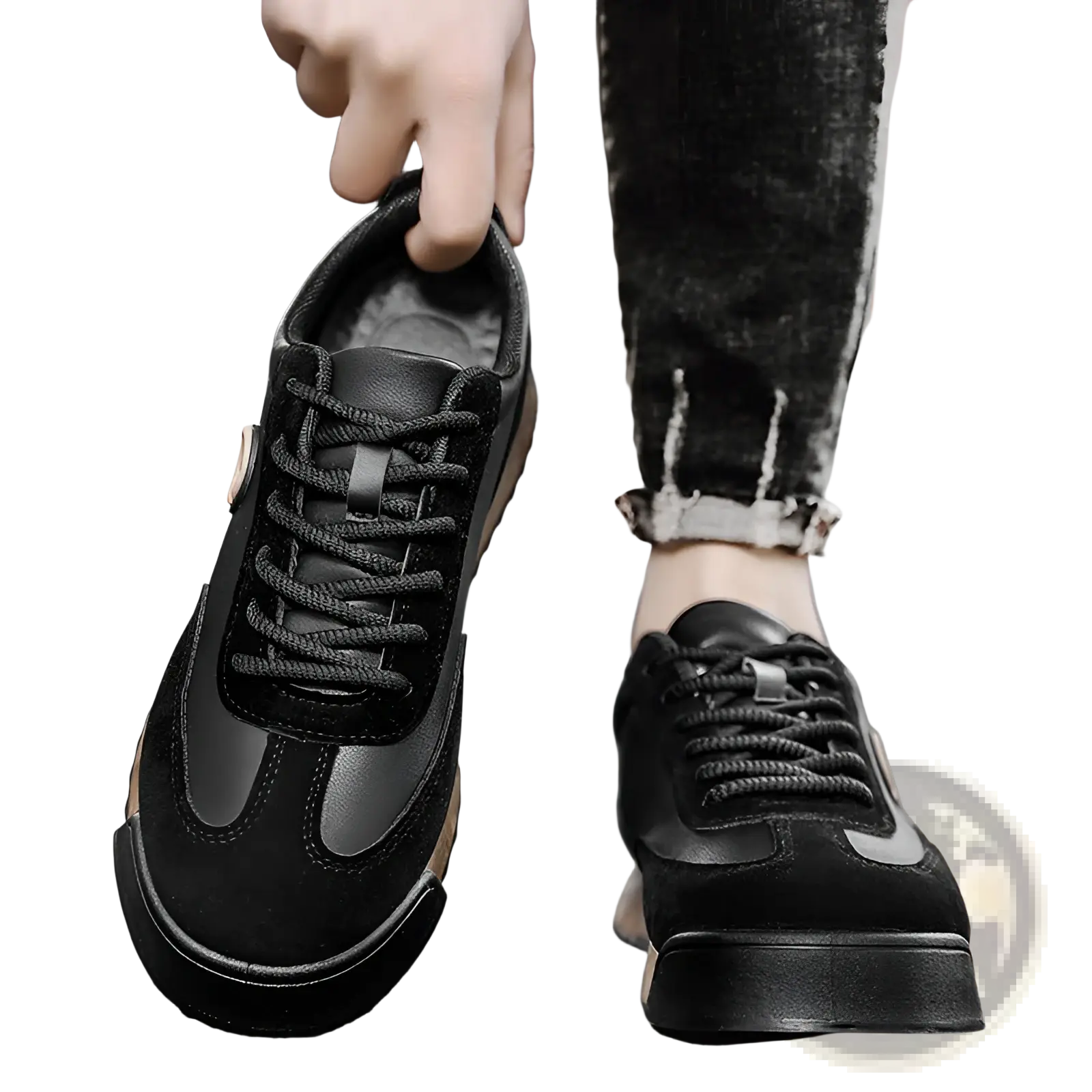 Men’s leather waterproof casual sneakers in black suede and leather with contrasting tan accents on the sole