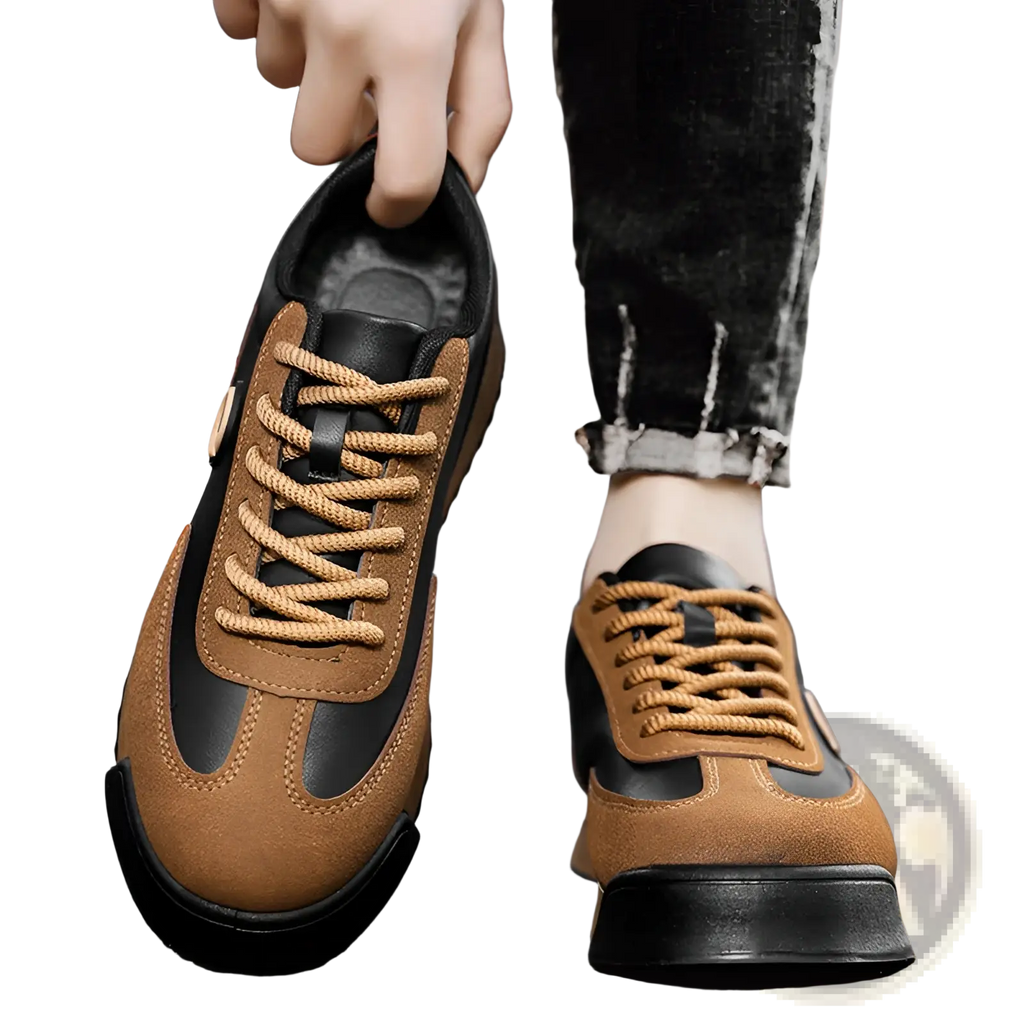 Men’s leather waterproof casual sneakers in brown and black suede and leather with tan laces