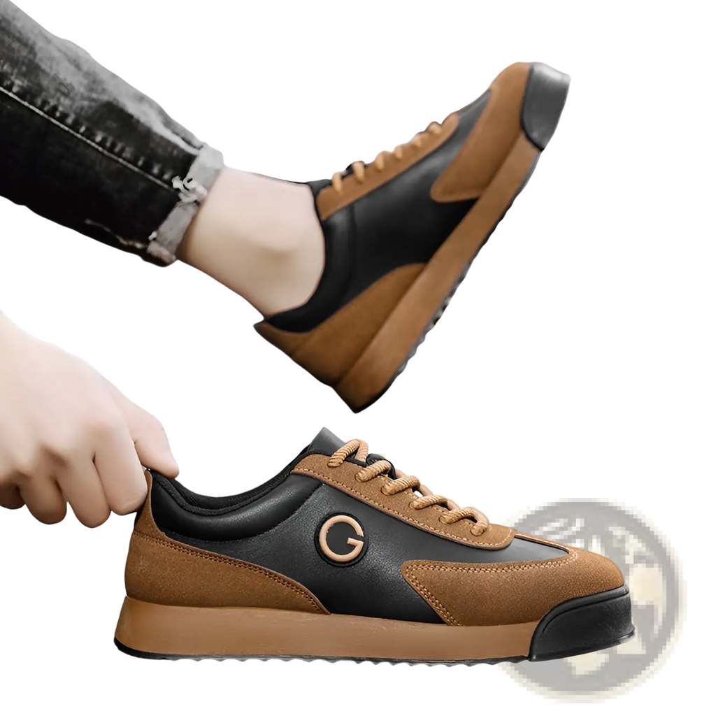 Men’s leather waterproof casual sneakers in brown and black suede and leather with tan rubber sole and circular g logo