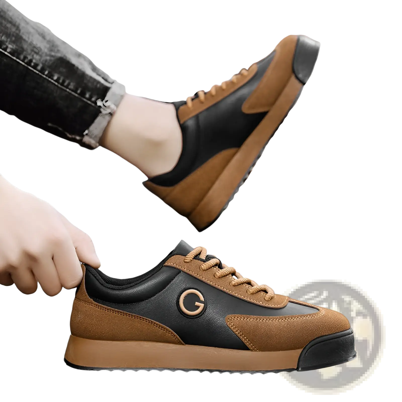 Men’s leather waterproof casual sneakers in brown and black suede and leather with tan rubber sole and circular g logo