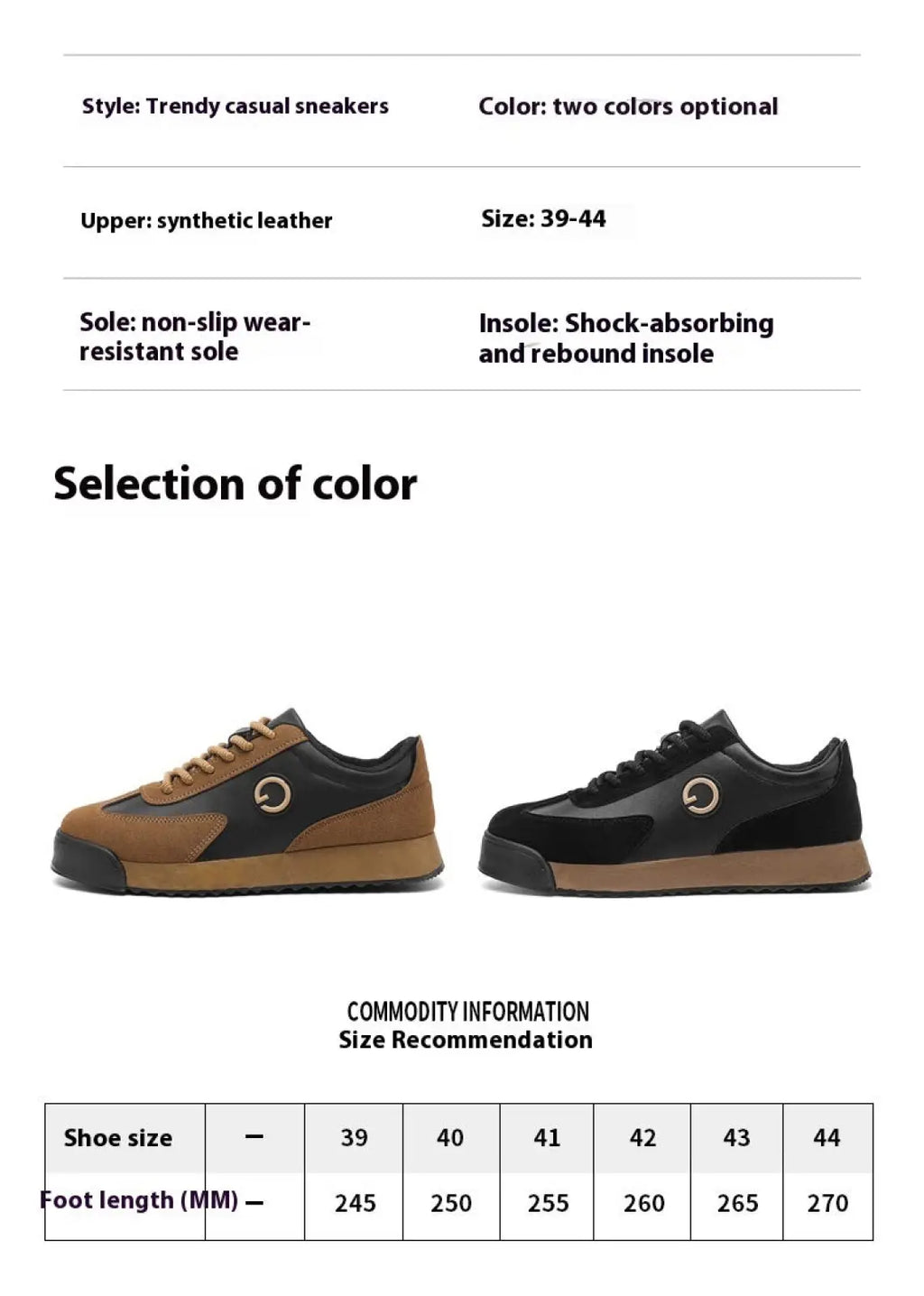 Men’s leather waterproof casual sneakers with black and tan synthetic leather uppers and shock-absorbing sole