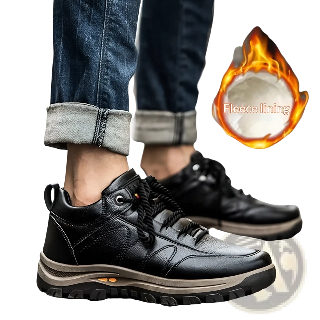 Men’s black leather winter hiking boots with fleece lining and rugged sole designed for waterproof outdoor use