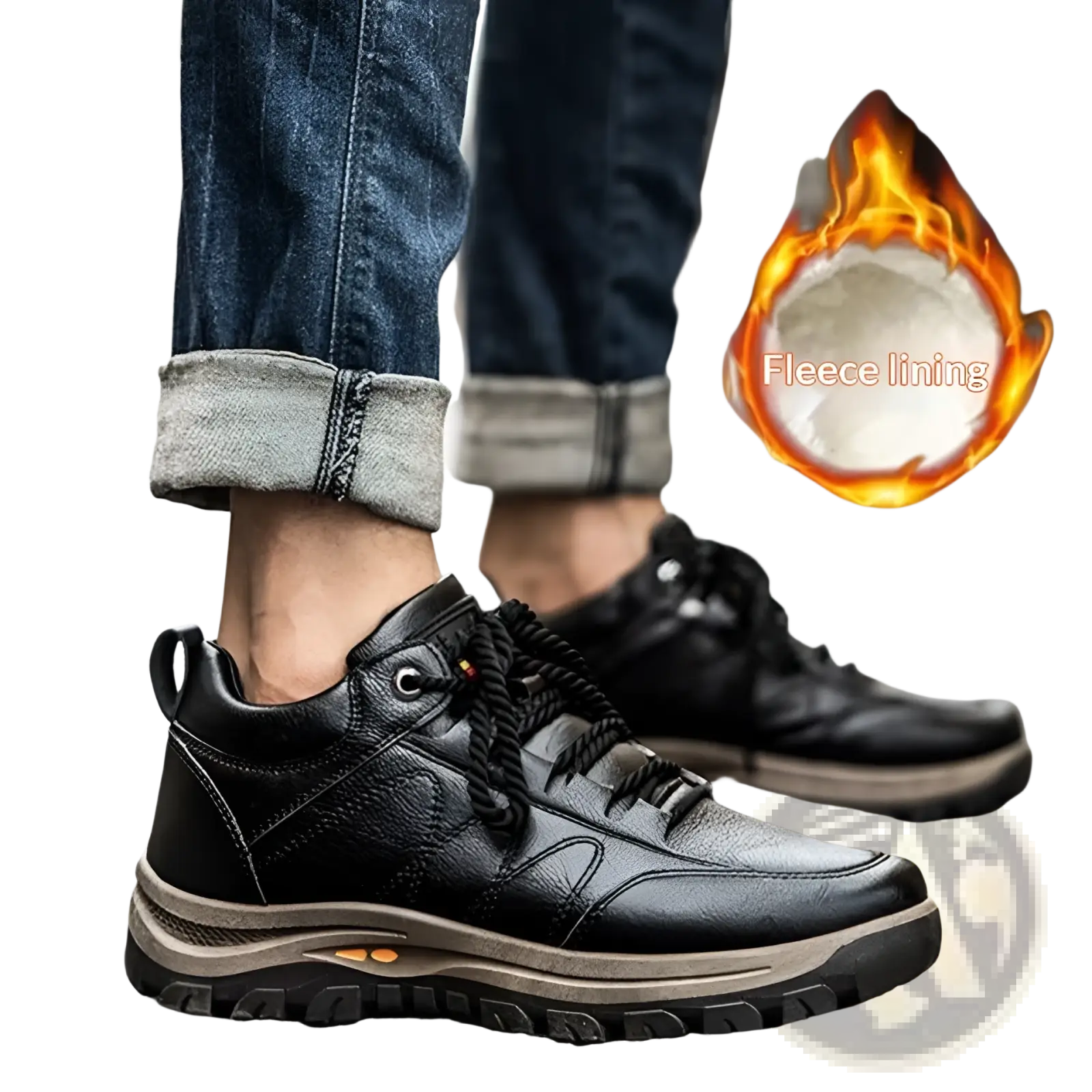 Men’s black leather winter hiking boot with rugged sole and fleece lining designed for waterproof outdoor use