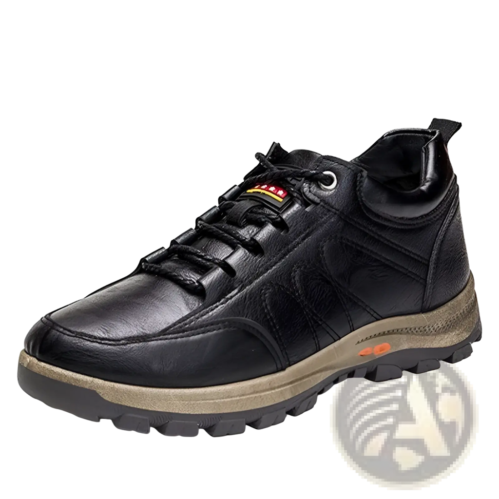 Men’s black leather winter hiking boots with waterproof feature, rugged sole, lace-up design, and orange accent details