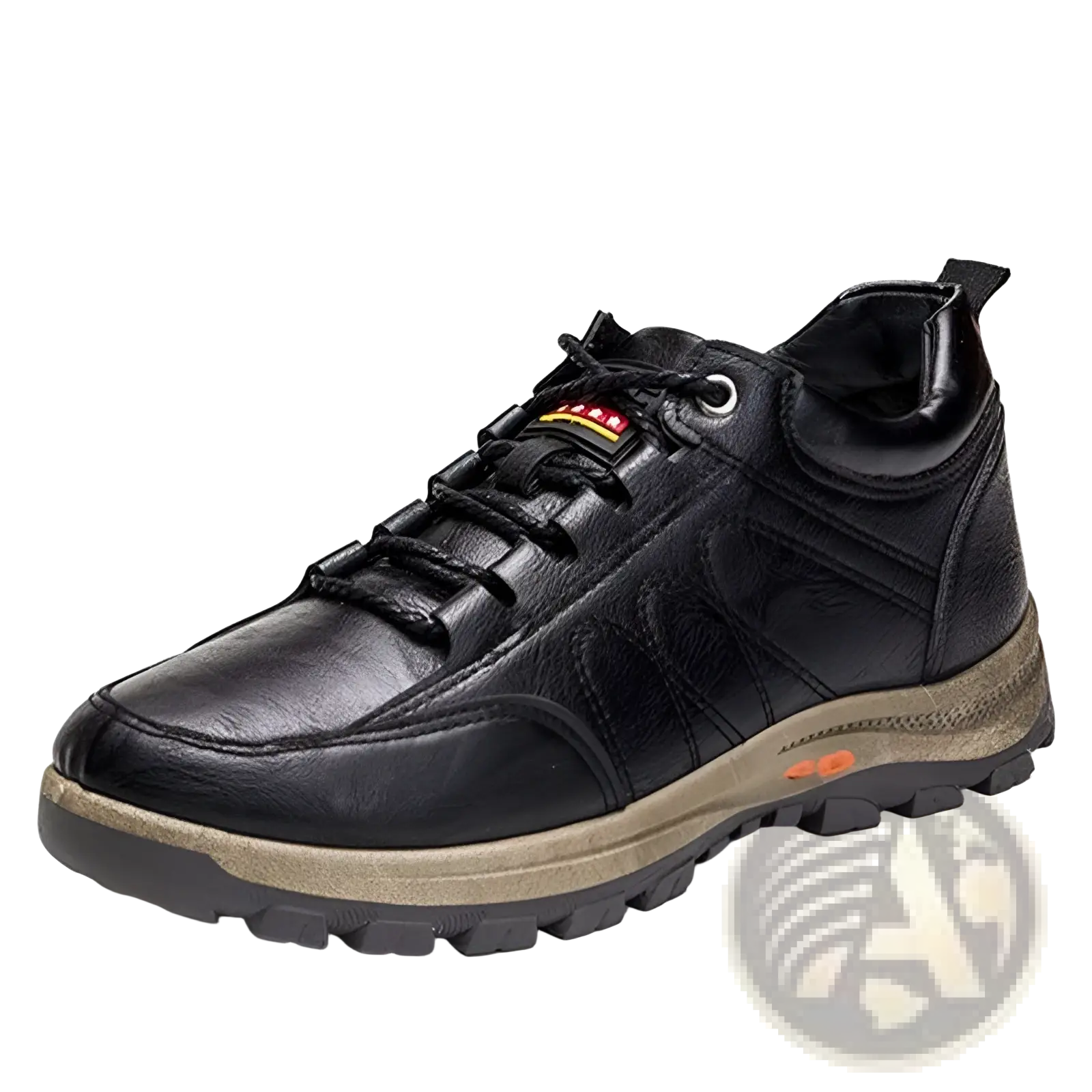 Men’s black leather winter hiking boots with waterproof feature, rugged sole, lace-up design, and orange accent details