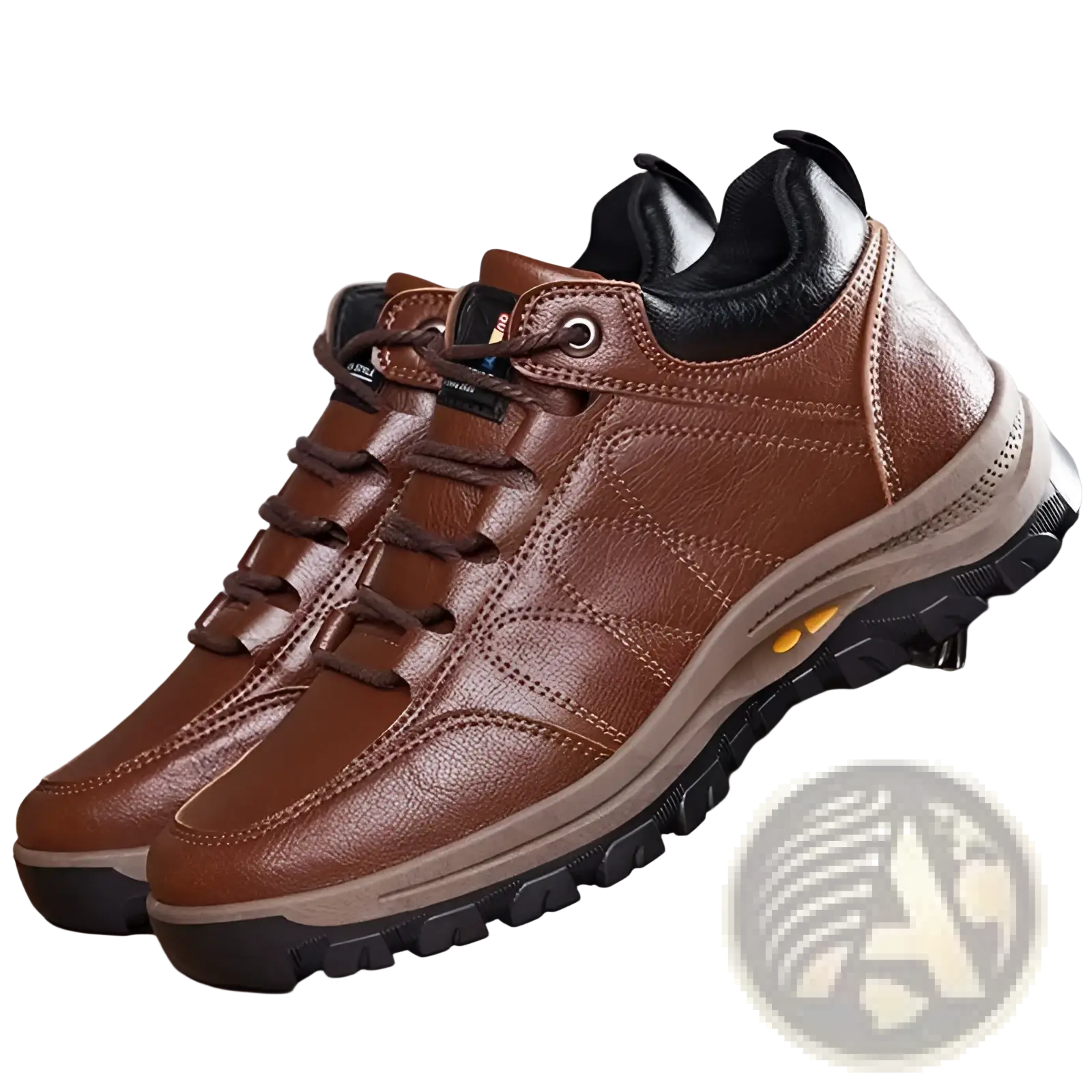 Men’s leather winter hiking boots in brown with black accents and rugged rubber sole for waterproof outdoor use