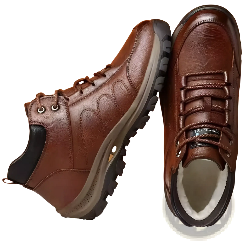 Men’s brown leather winter hiking boots with rugged sole and black accents waterproof shoes for outdoor use