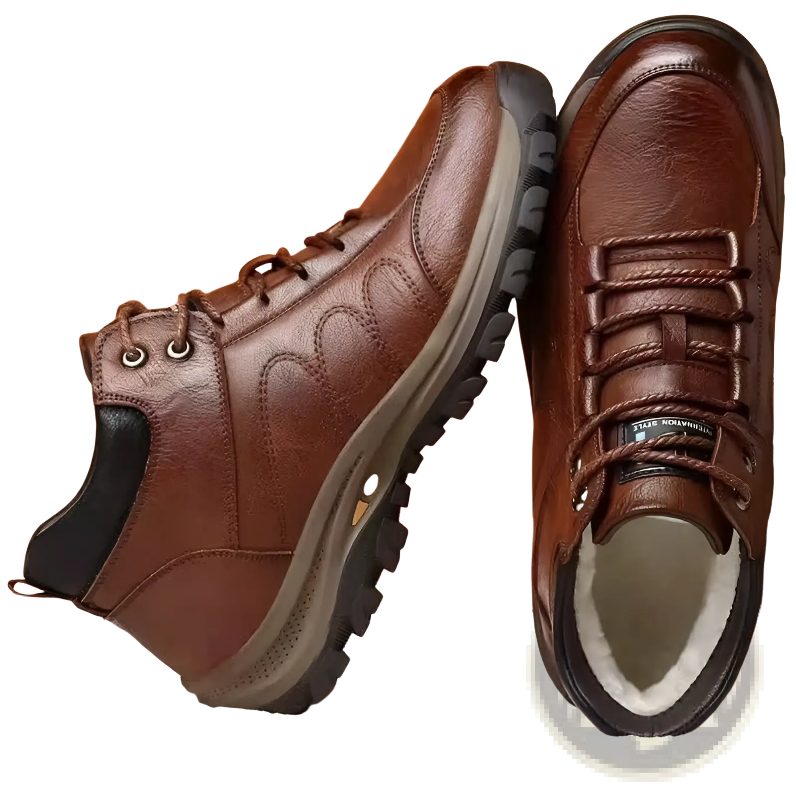 Men’s brown leather winter hiking boots with rugged sole and black accents waterproof shoes for outdoor use