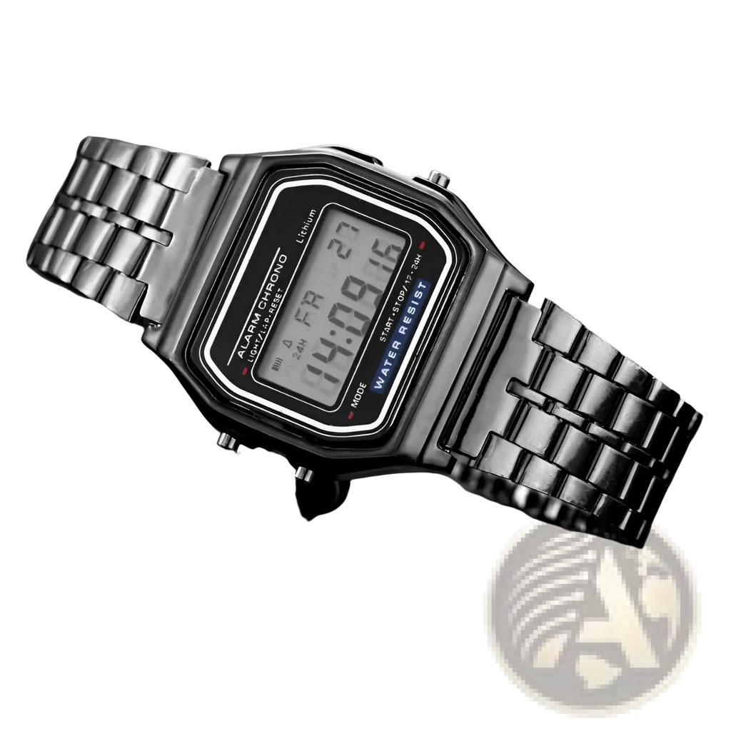 Men’s led digital watch with silver rectangular stainless steel case and metallic link bracelet showing time and date