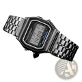 Men’s led digital watch with silver rectangular stainless steel case and metallic link bracelet showing time and date