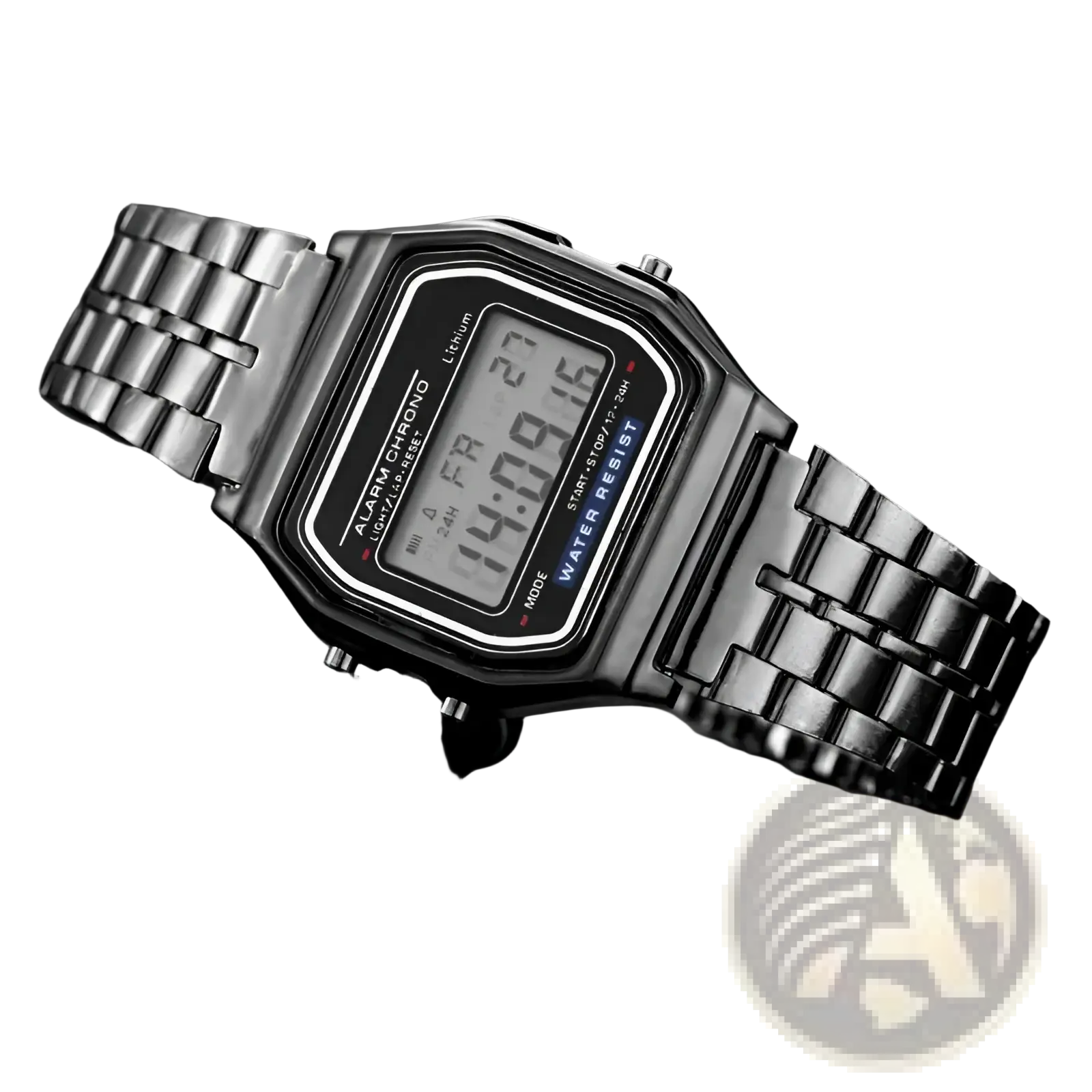 Men’s led digital watch with silver rectangular stainless steel case and metallic link bracelet showing time and date