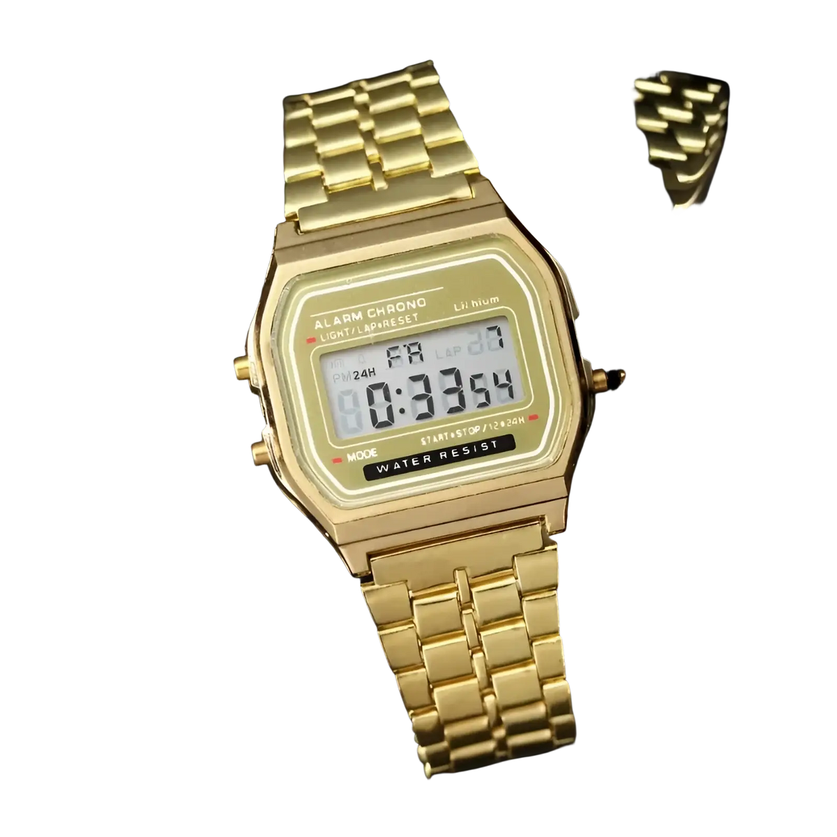 Men’s led digital stainless steel watch with a gold-colored rectangular face and metallic link bracelet