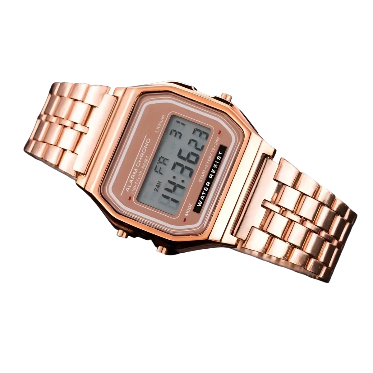 Men’s led digital stainless steel watch with rose gold rectangular case and linked metal band