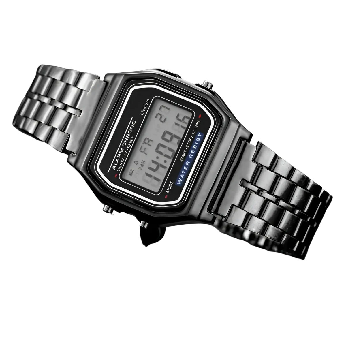 Men’s led digital watch with silver rectangular stainless steel case and metallic link bracelet showing time and date