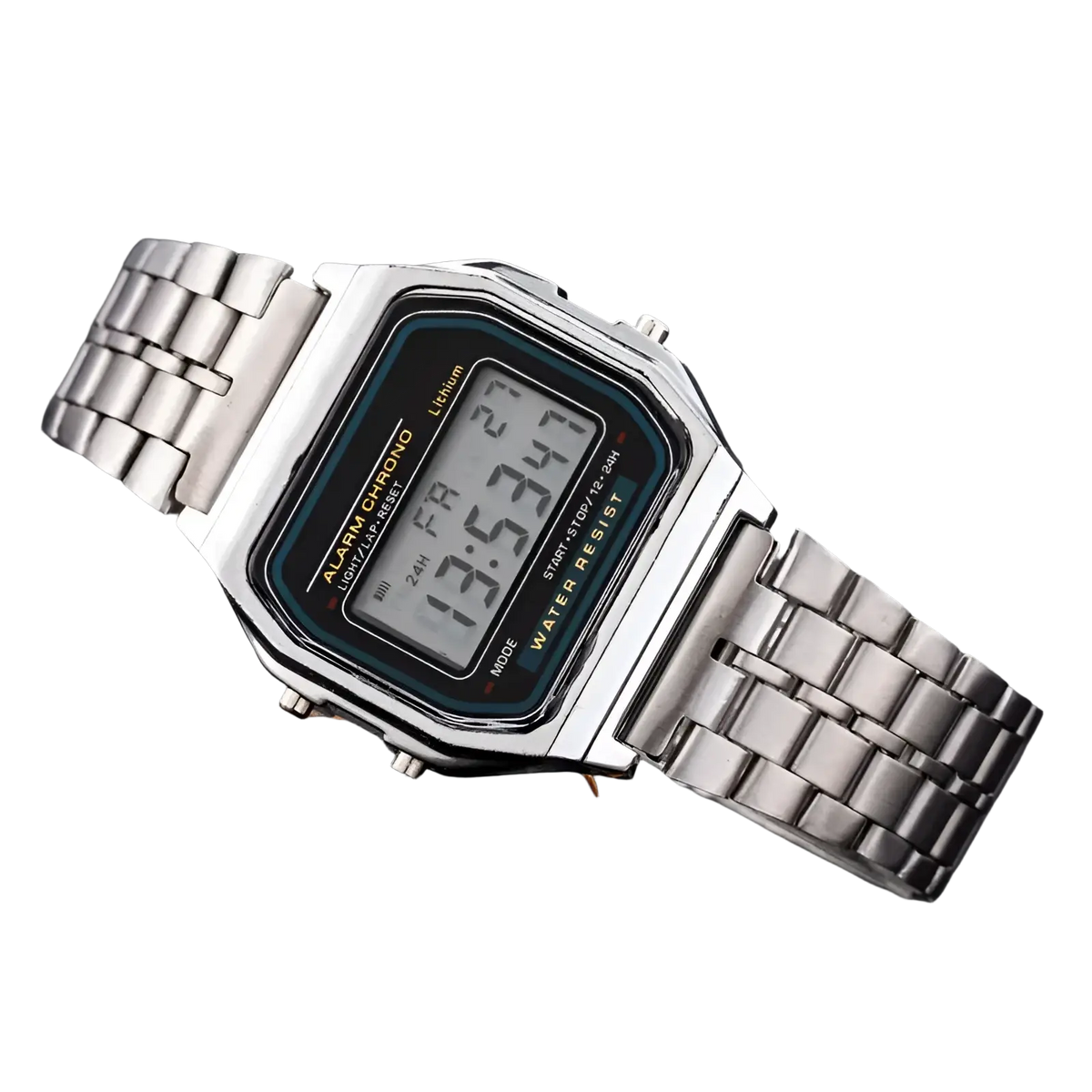 Men’s led digital stainless steel watch with silver rectangular face metallic link bracelet and black display screen