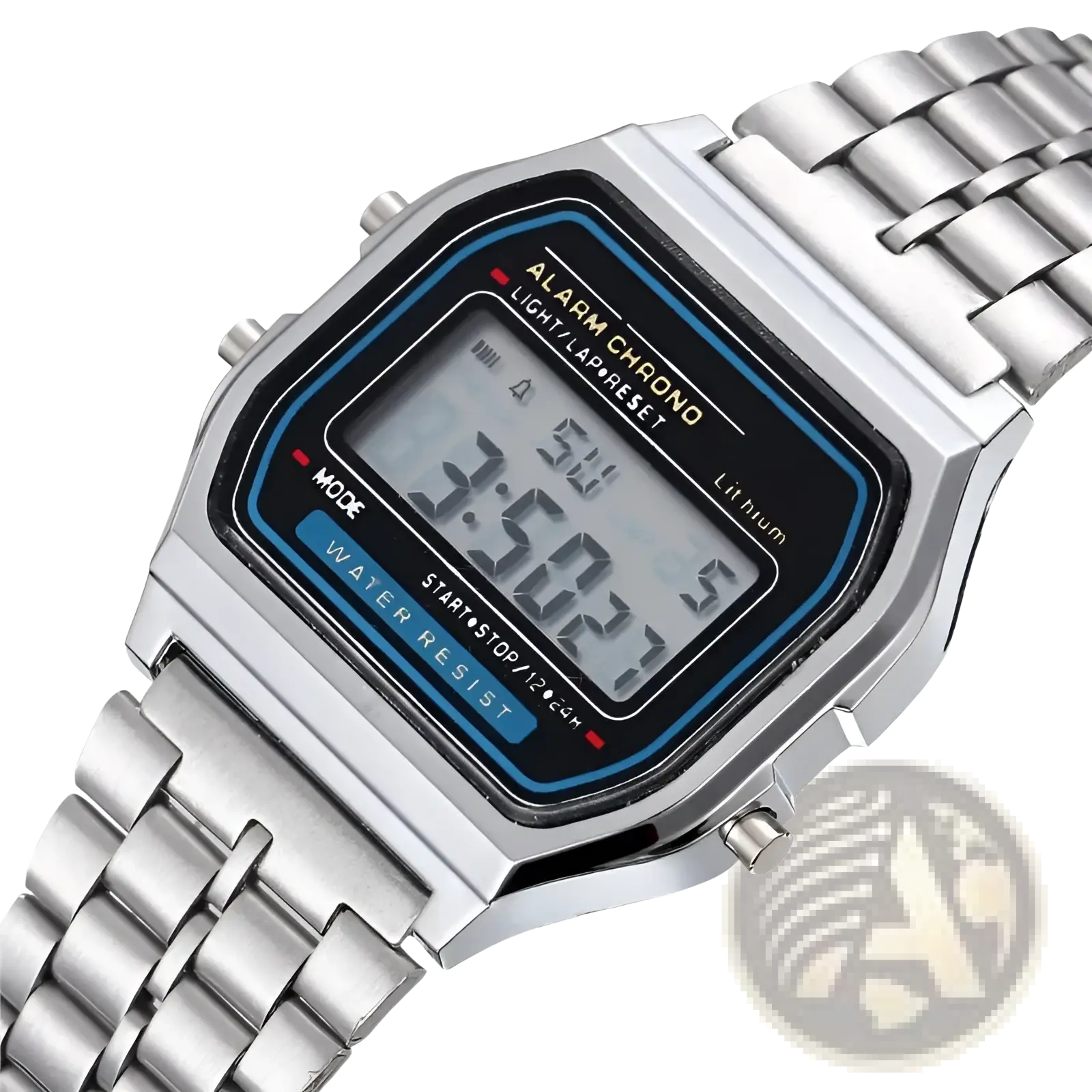 Men’s led digital stainless steel watch with silver rectangular case, matching metal bracelet, black face, and blue lcd trim