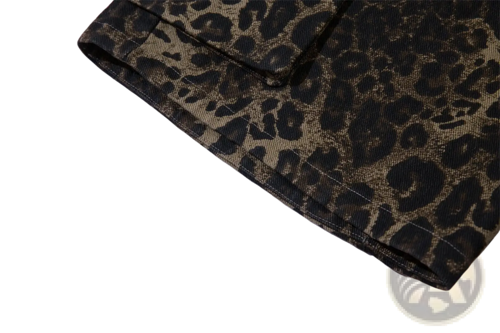 Men’s black and tan leopard print denim and cargo workwear shorts featuring durable material and stylish pattern