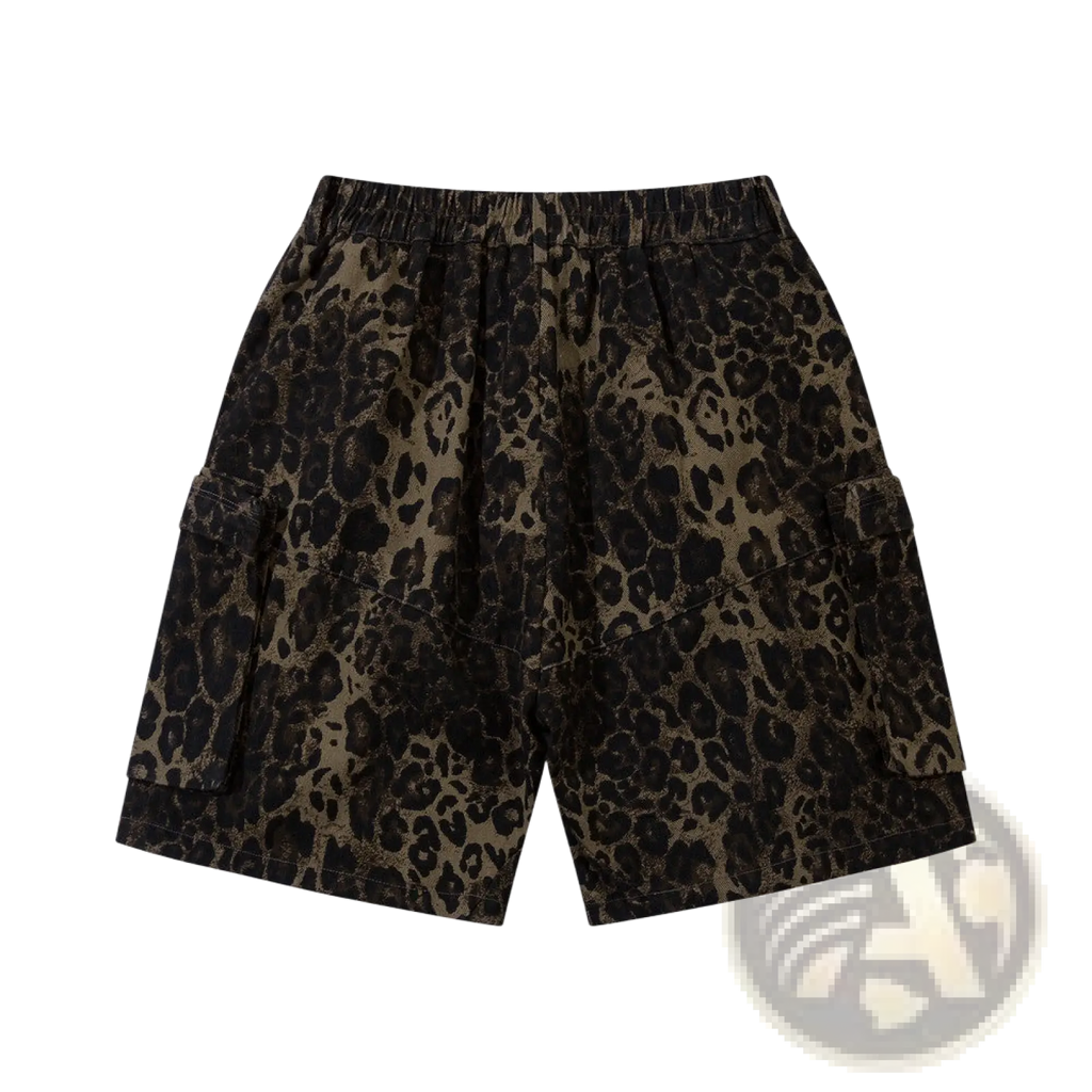 Men’s leopard print denim and cargo workwear shorts in black and tan with elastic waistband and cargo pockets