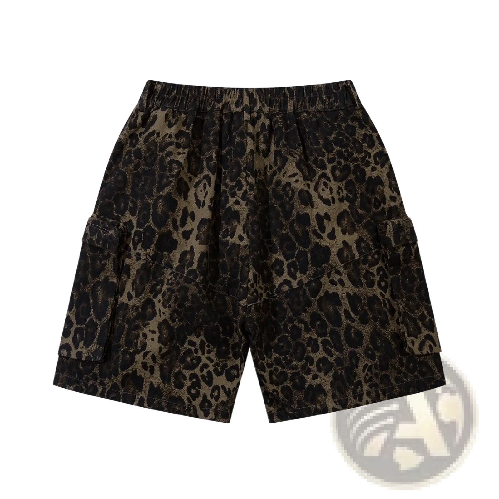 Men’s leopard print denim and cargo workwear shorts in black and tan with elastic waistband and cargo pockets