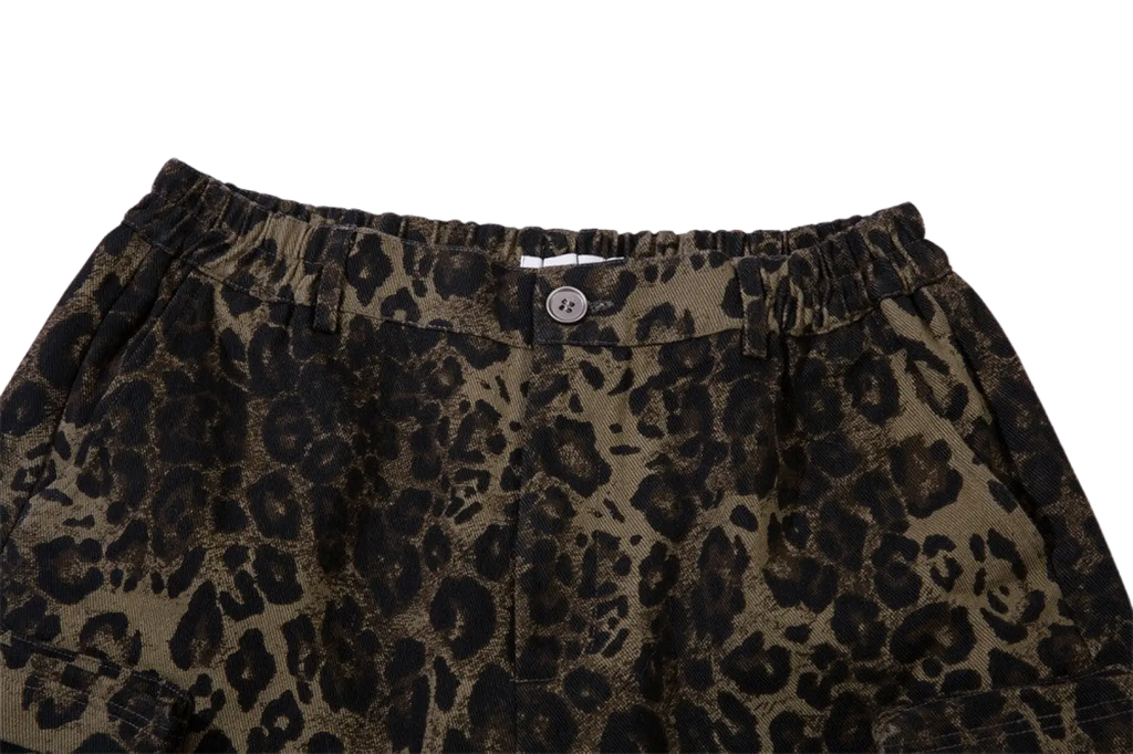 Men’s leopard print denim and cargo workwear shorts brown and black leopard print corduroy with elastic waistband