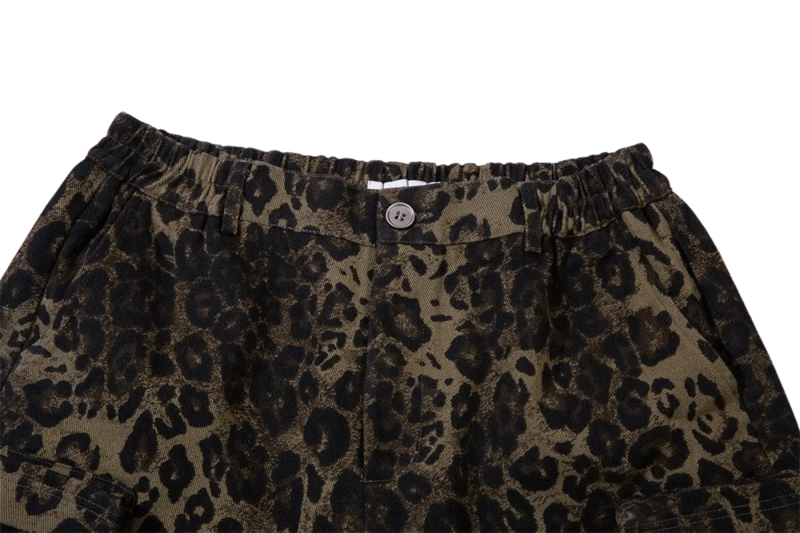 Men’s leopard print denim and cargo workwear shorts brown and black leopard print corduroy with elastic waistband