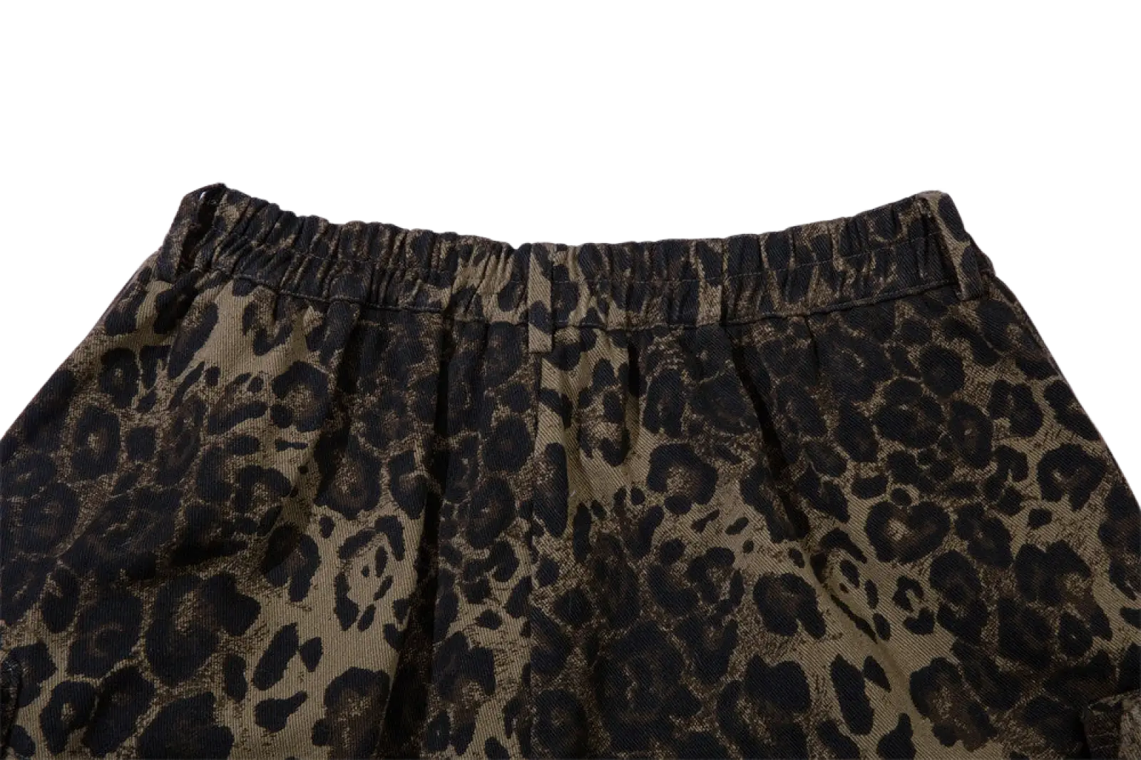 Men’s leopard print denim and cargo workwear shorts in brown and black fabric with elastic waistband visible from back side