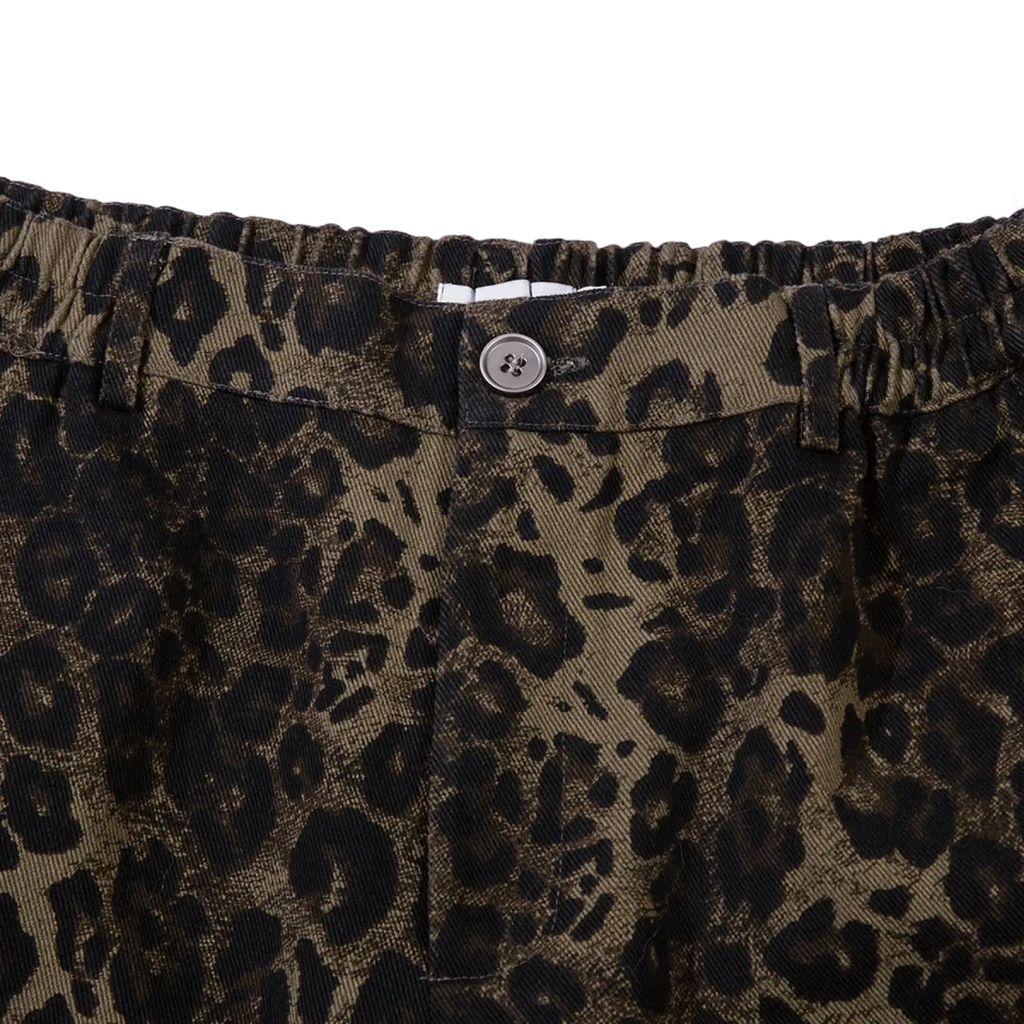 Men’s leopard print denim and cargo workwear shorts in olive green and black cotton with a silver button waistband