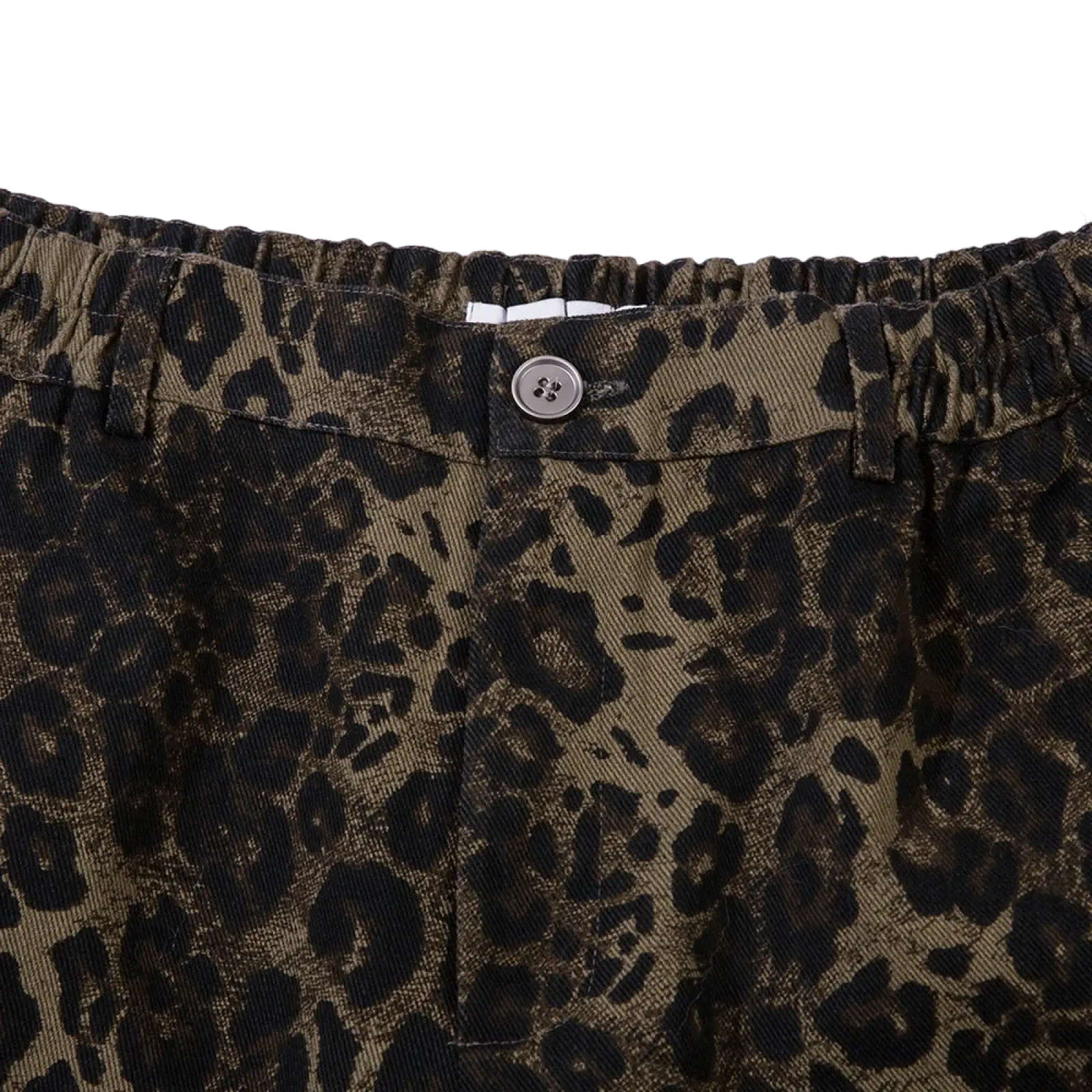 Men’s leopard print denim and cargo workwear shorts in olive green and black cotton with a silver button waistband