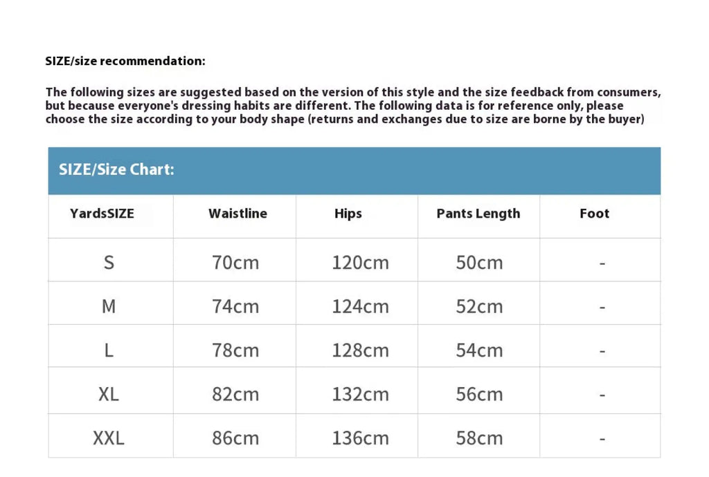 Size chart for men’s leopard print denim and cargo workwear shorts showing waist hips and length in centimeters s to xxl