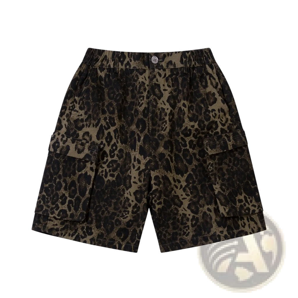 Men’s olive and black leopard print denim and cargo workwear shorts with elastic waistband and multiple pockets