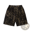 Men’s olive and black leopard print denim and cargo workwear shorts with elastic waistband and multiple pockets